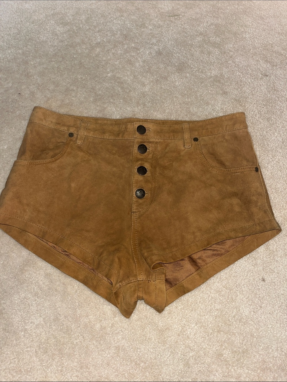 Free People High-Waist Suede Button-Front Shorts in Tan